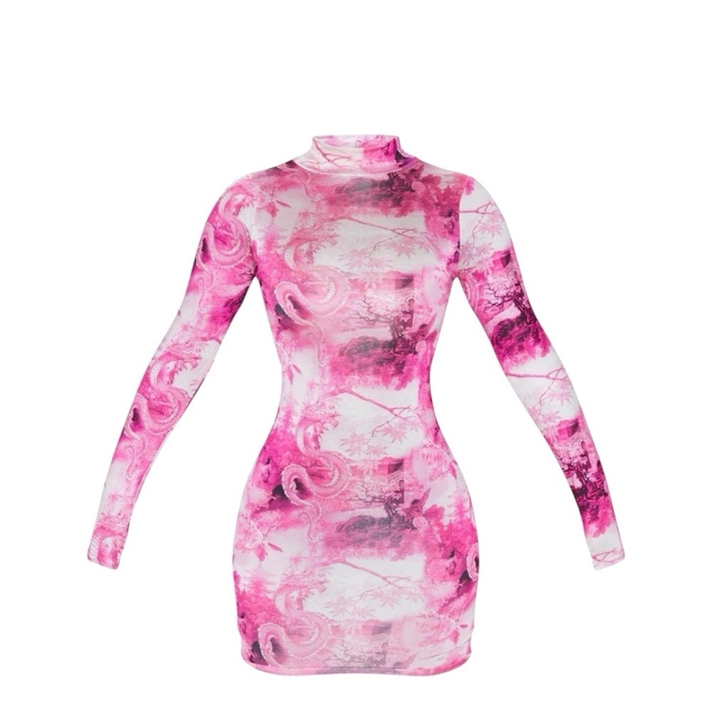 Pretty Little Thing Hot Pink Body Con Dress Asian Print Size 12 Festival Street
